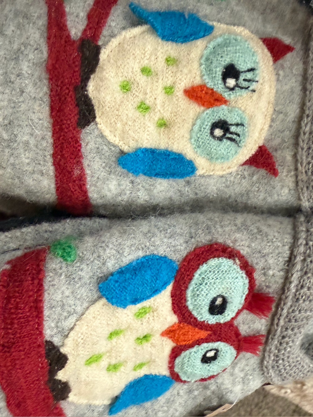 Haflinger Gray Slippers with Multicolor Owl Appliqués